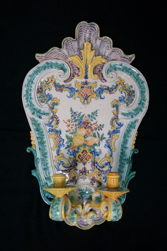 Ignazio Passanti  - A very important and unique pair of late-Baroque Italian polychrome majolica two- light wall-sconces | MasterArt